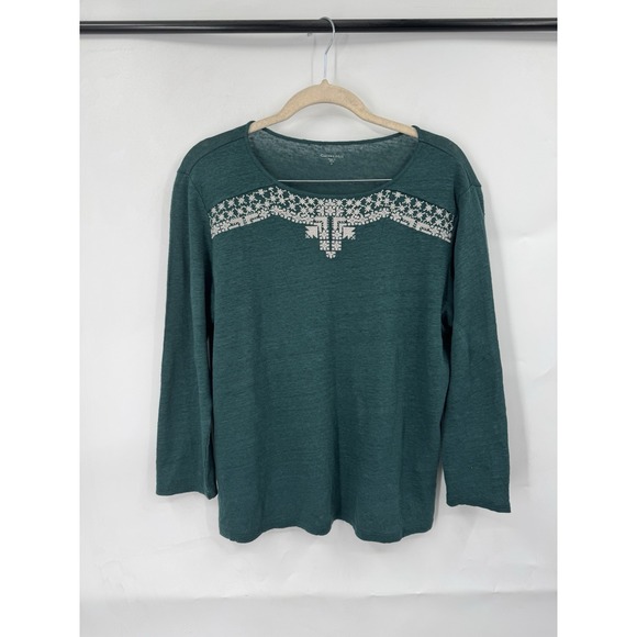 Garnet Hill Tops - Garnet Hill Organic Linen Mabel Top Women Small Green Embroidered Bohemian
